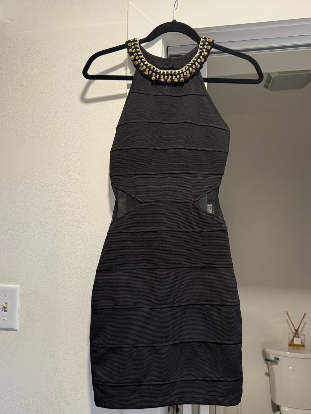 Charlotte Russe Black Halter Mini Dress with Gold Beaded Neckline and mesh sides